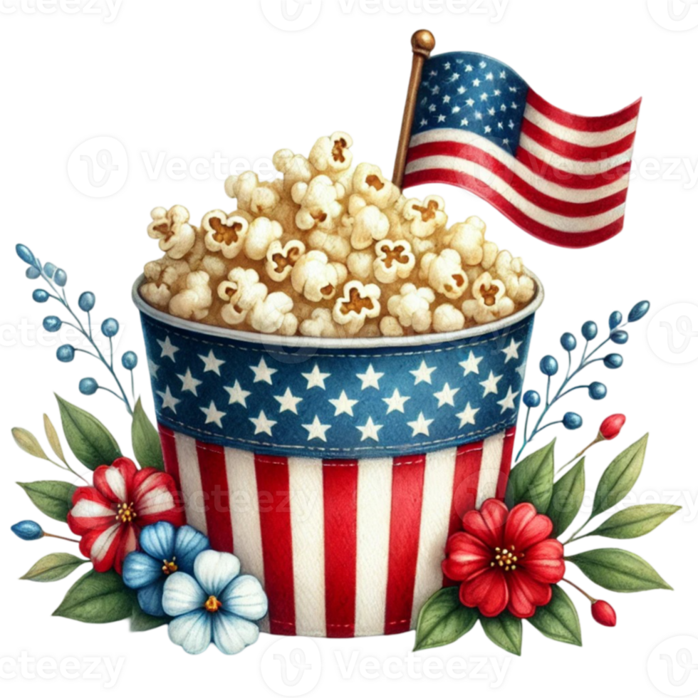 Popcorn with american flag and flowers png