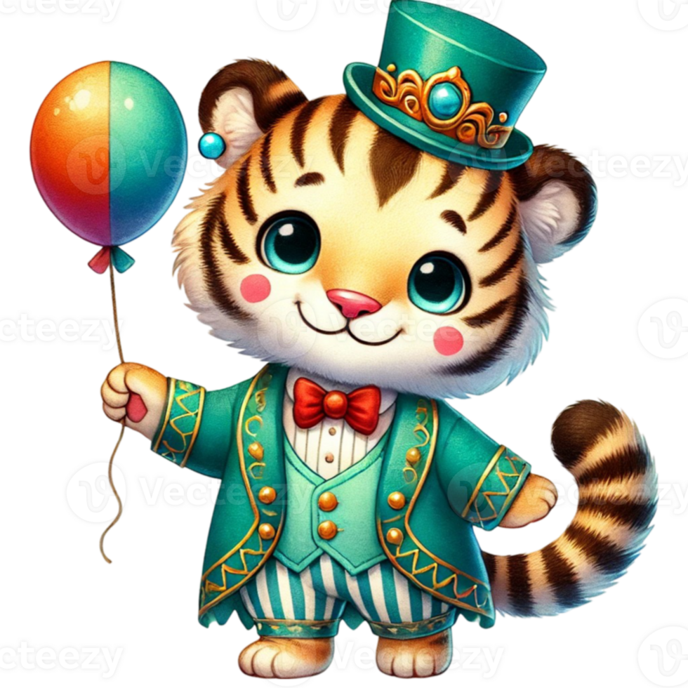 A cartoon tiger in a top hat and bow tie holding a balloon png