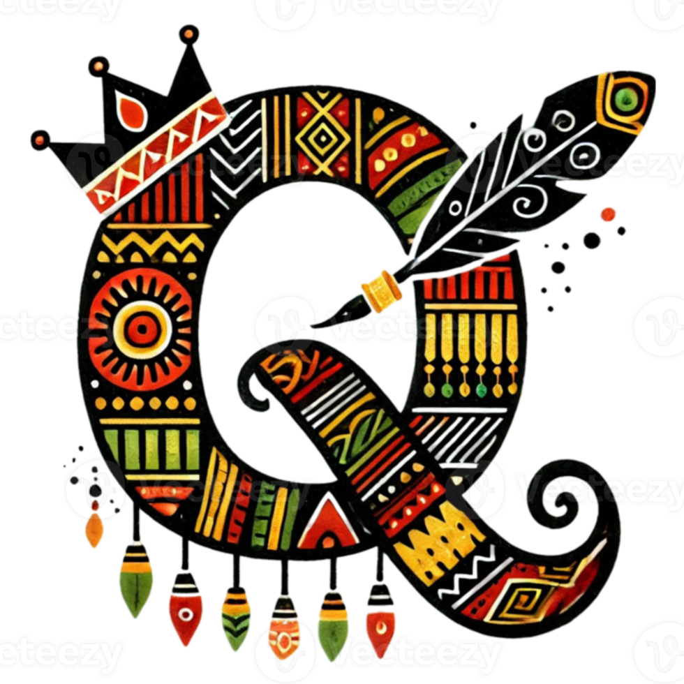 The letter q is decorated with colorful patterns png