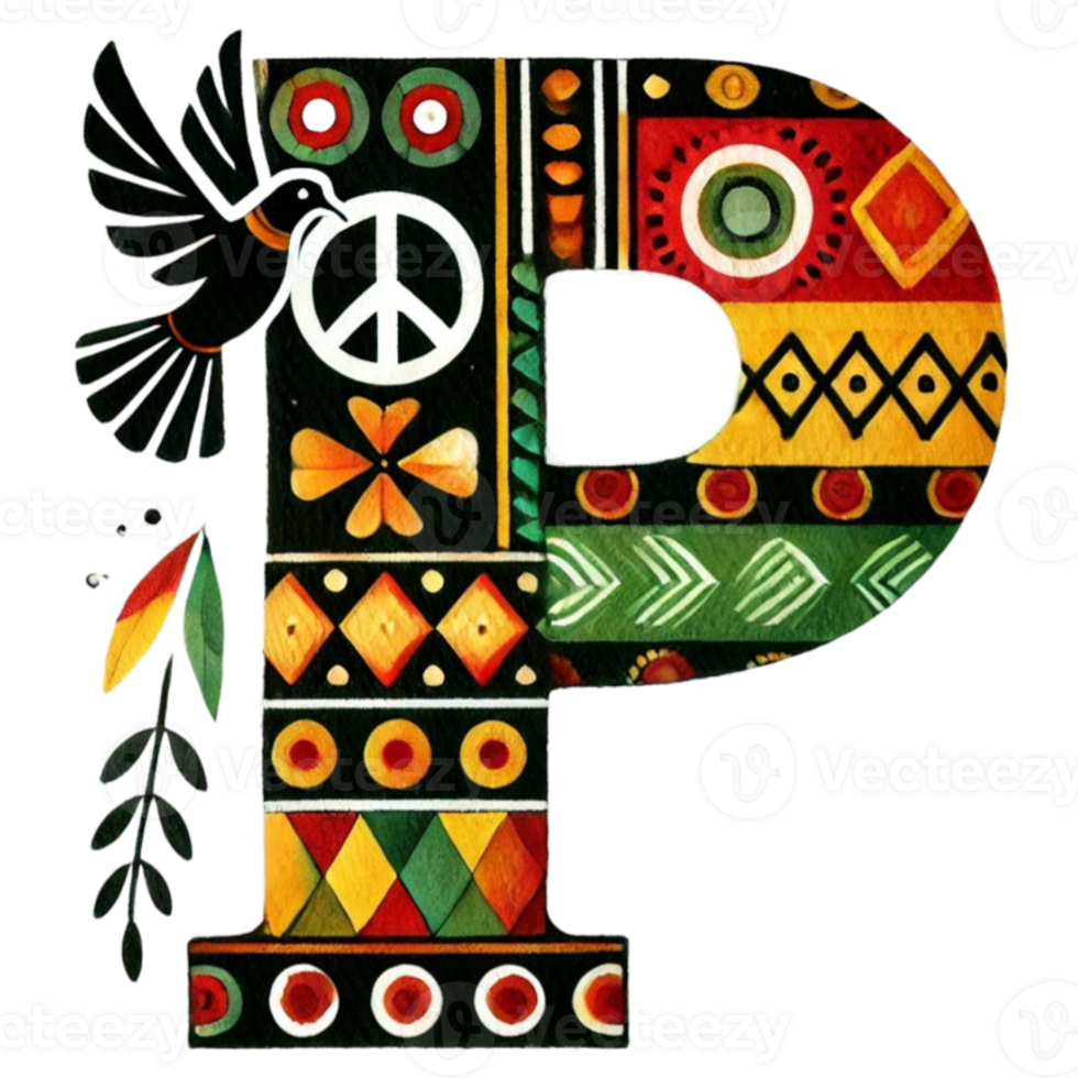 A colorful letter p with a peace sign and bird png