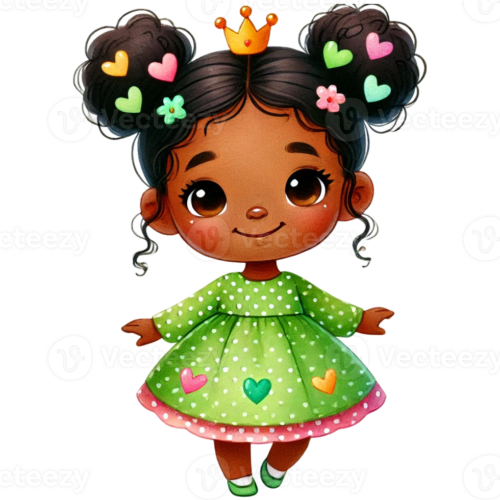 A cartoon black girl wearing a green dress and crown png