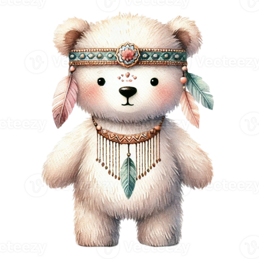 A white teddy bear wearing a headdress and feathers png