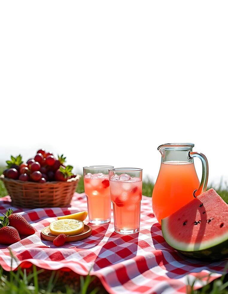 Refreshing watermelon lemonade in a jug and glasses on a picnic photo