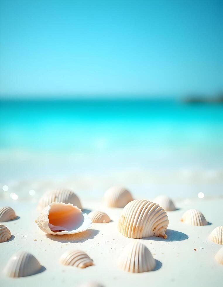 Seashells on white sand beach with turquoise water background photo