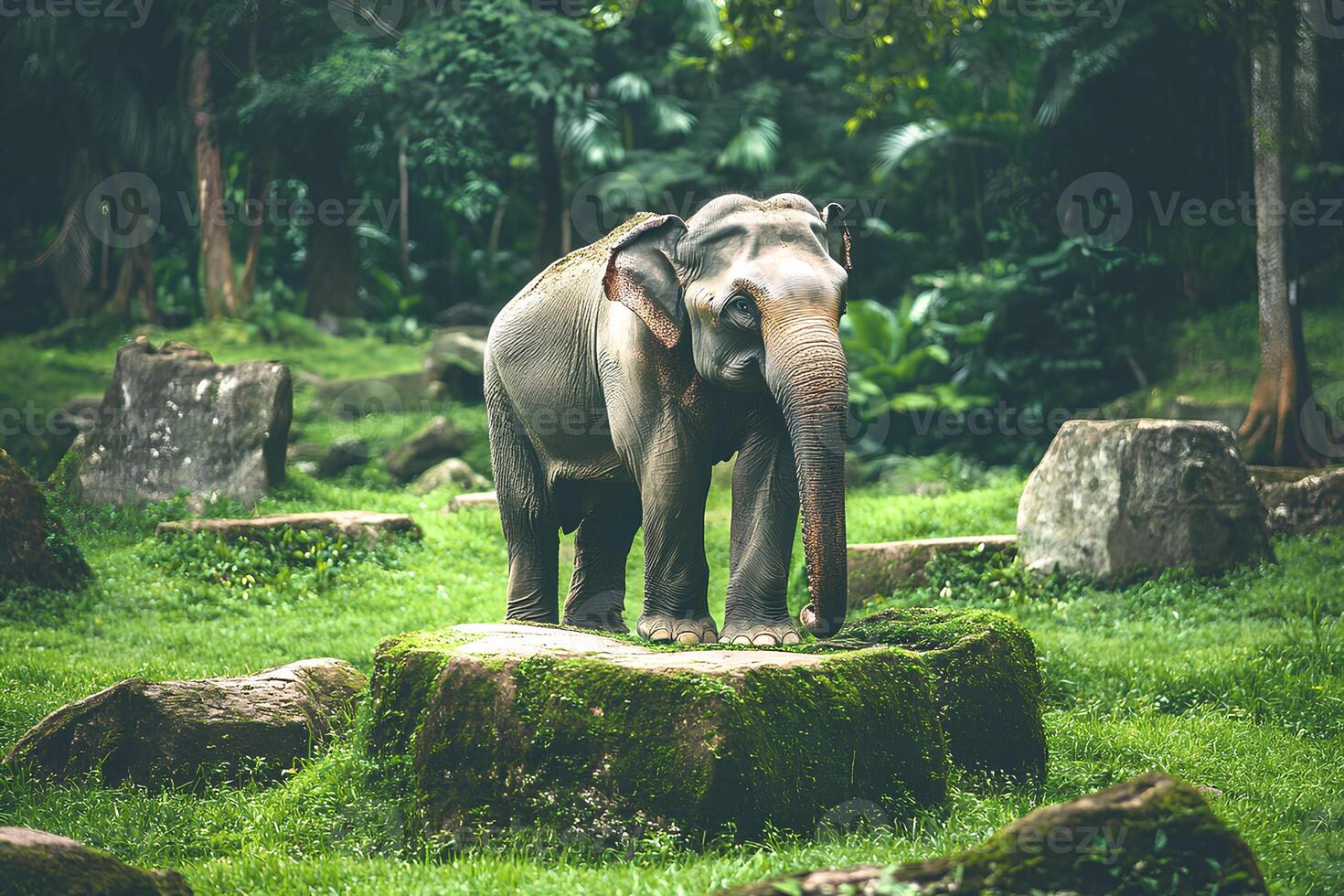 Majestic Asian elephant standing in a park in Thailand, captured in vintage style with soft focus for a nostalgic atmosphere photo
