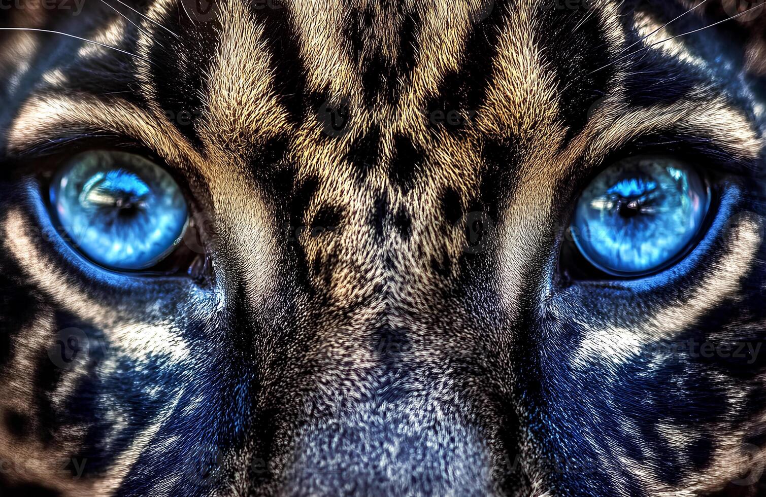 A stunning close-up of a leopard with piercing blue eyes, captured in macro detail to highlight the texture of its fur and the intensity of its gaze photo