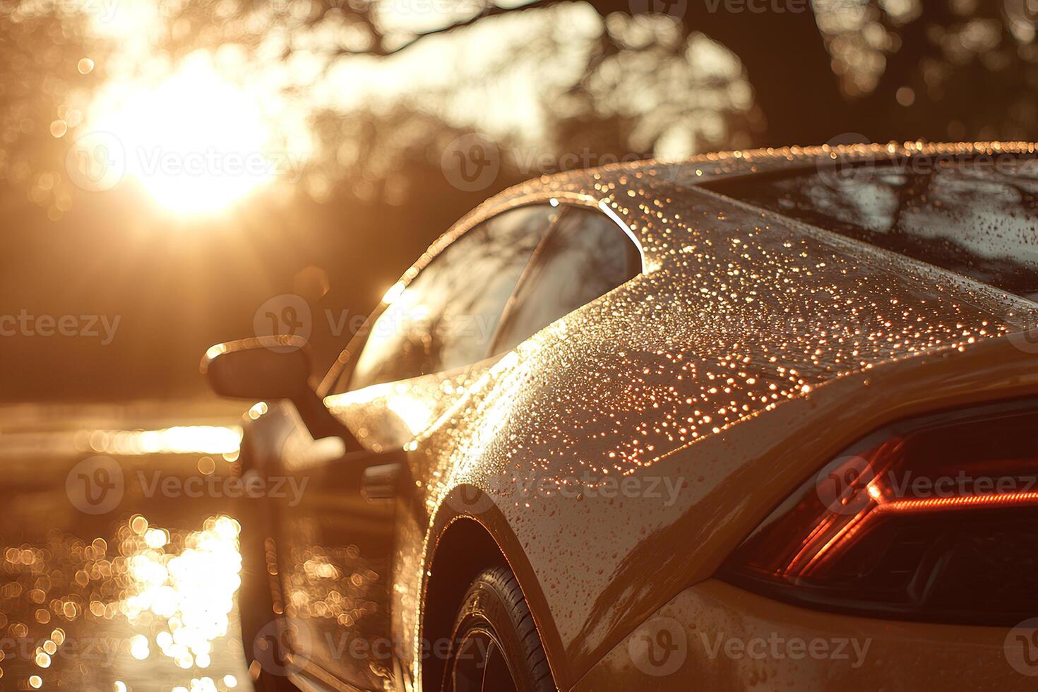 A car driving on a wet road during the rain, with sun rays breaking through the clouds and creating a beautiful lens flare. The scene captures the contrast of nature's elements photo