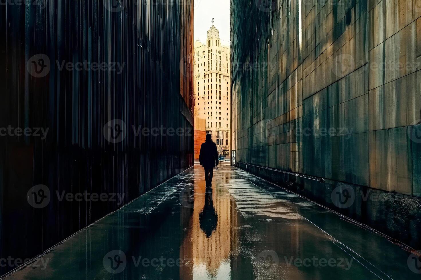 A captivating street view of Manhattan with tall buildings, captured in the reflection on water, creating a stunning cityscape photo