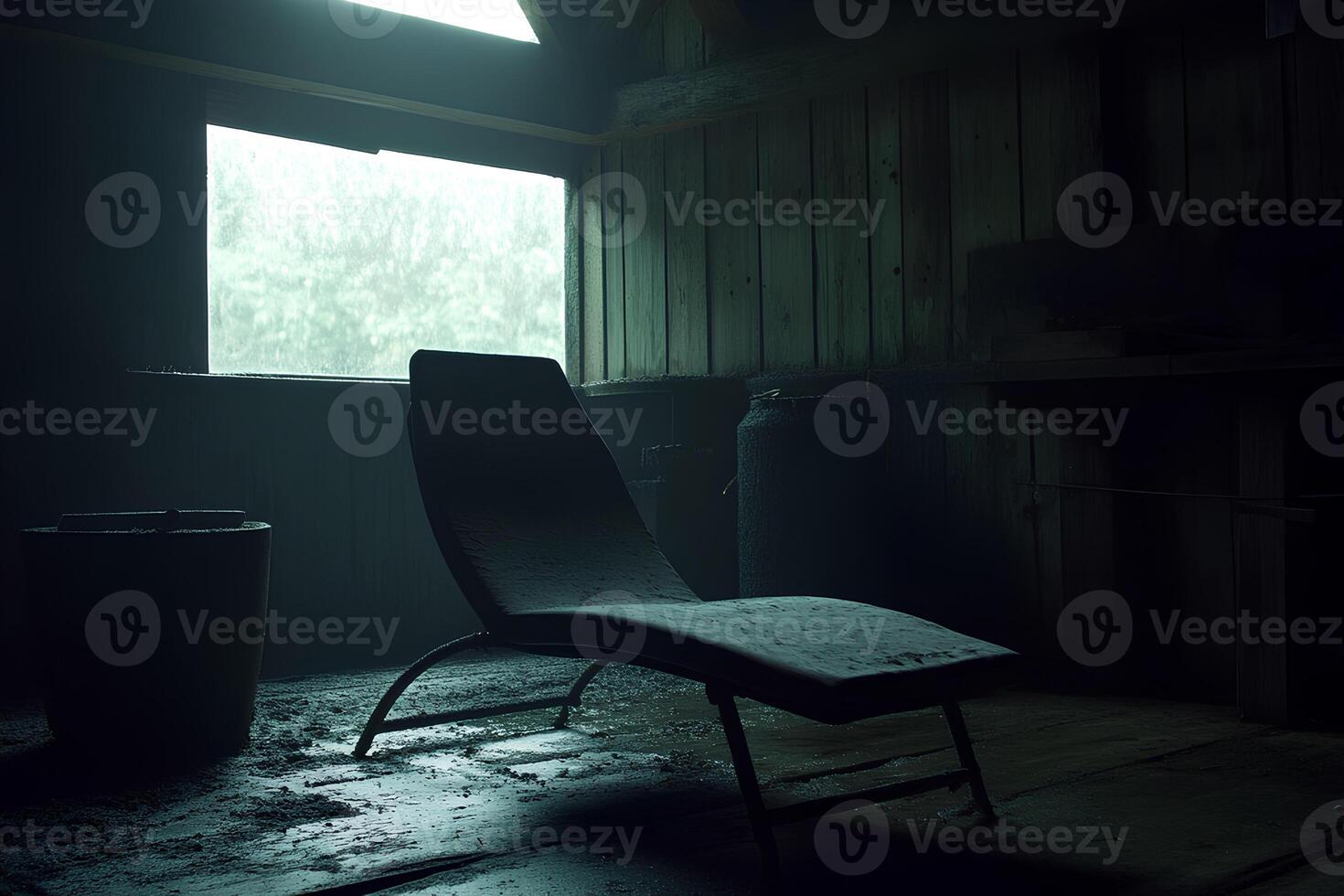 An eerie and dark abandoned room with an old chair, evoking a Halloween vibe with shadows and mystery photo