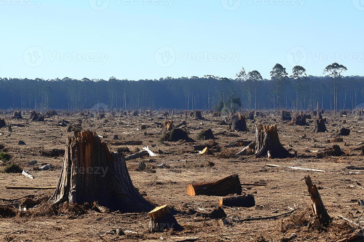 A eucalyptus forest in Australia showing the aftermath of a recent storm, with fallen trees and scattered debris photo