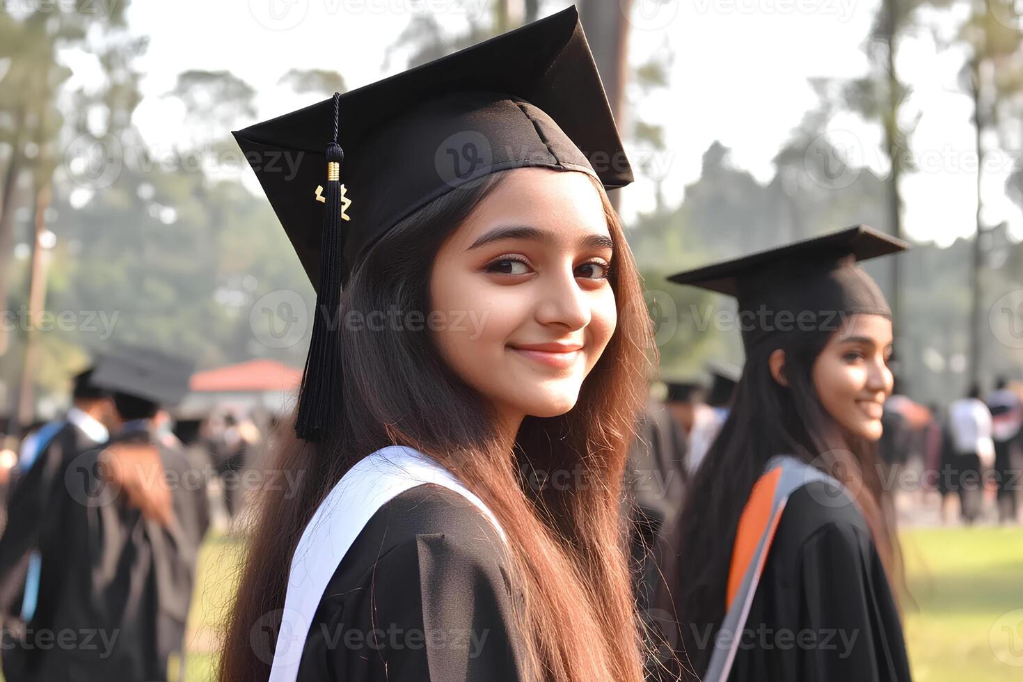 Beautiful Asian girl wearing a graduation gown and mortarboard, celebrating her graduation day with pride and joy photo