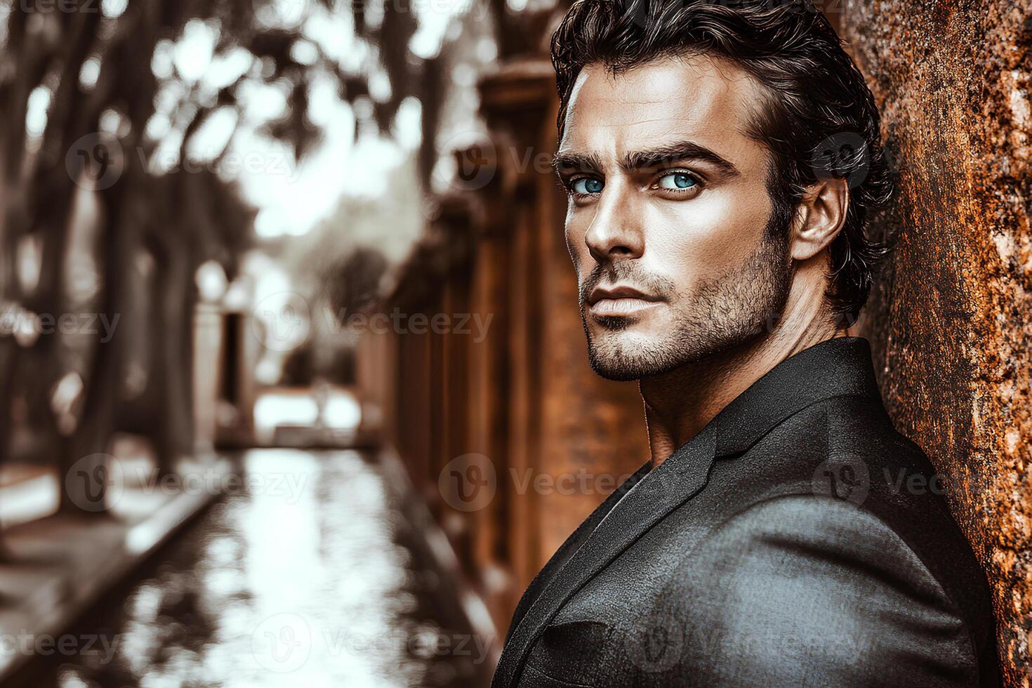 Stylish portrait of a man in an elegant suit, highlighting men's beauty and fashionable style photo