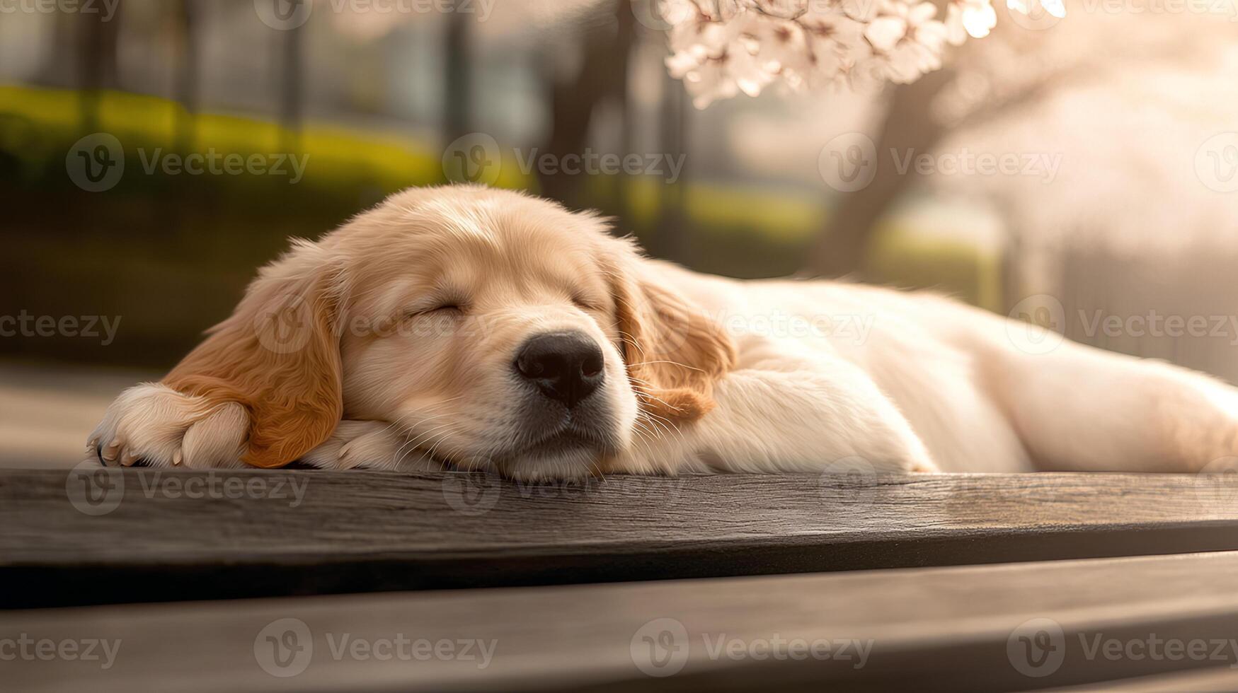 Cute Golden Retriever puppy sleeping on wooden table in park photo