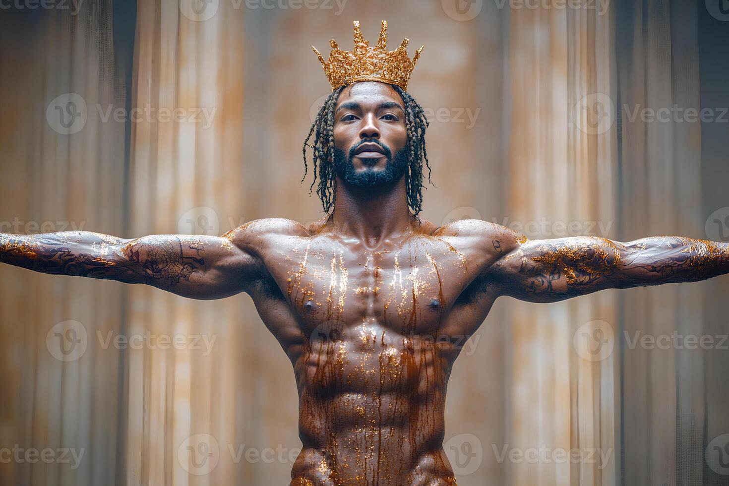 A striking portrait of a muscular African man wearing a golden crown. His confident expression and regal look capture both strength and royalty in a powerful and elegant composition. photo