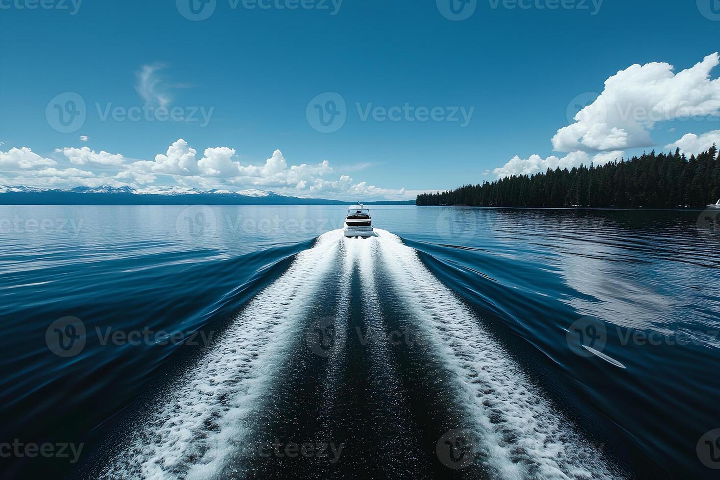 A serene boat floating on the clear waters of Lake Tahoe, California, with plenty of space for text photo