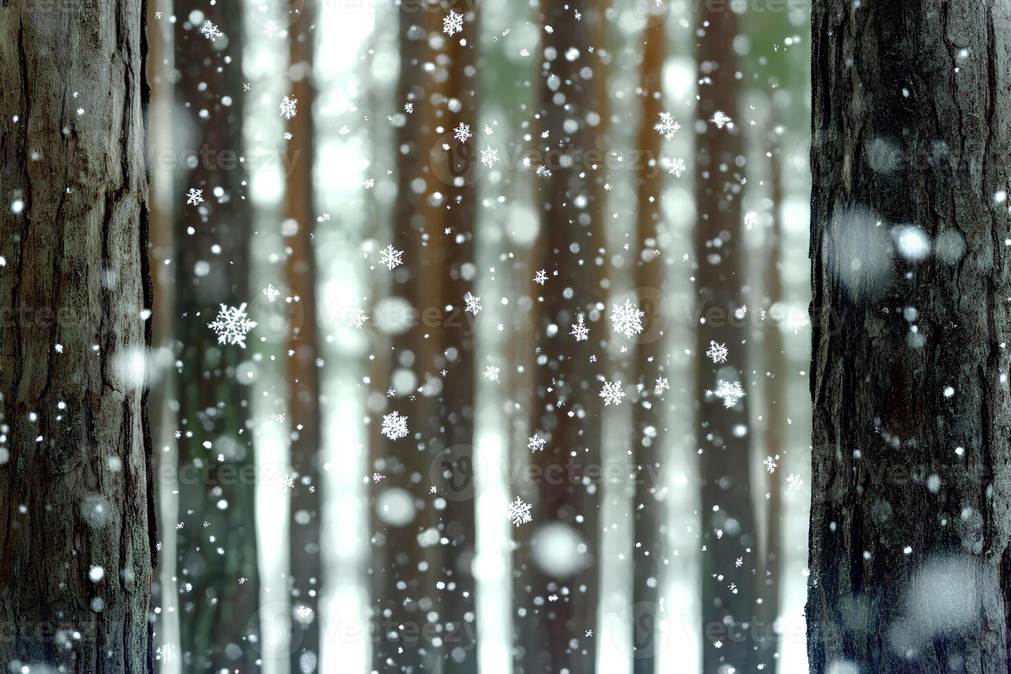 A serene scene of snowfall in the forest, with snowflakes gently falling among the trees, creating a peaceful and magical winter atmosphere photo