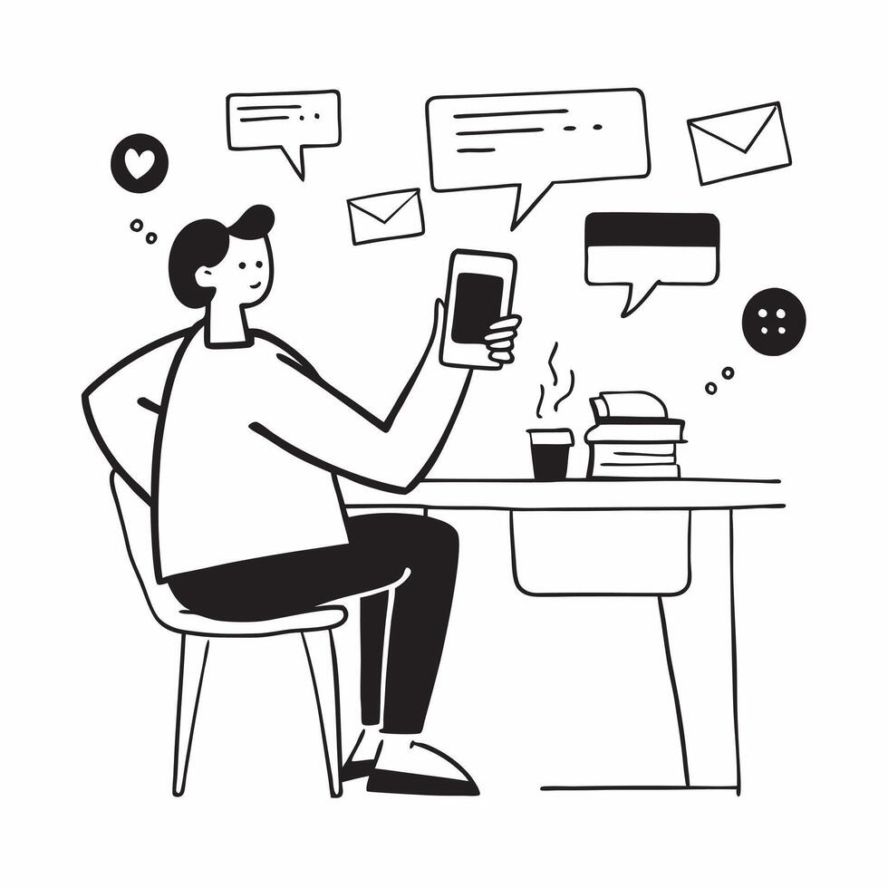 Social media consultant enjoying a peaceful coffee break concept as A social media consultant enjoying a peaceful coffee break in a cozy Cafe while checking social media updates on Dynamics vector
