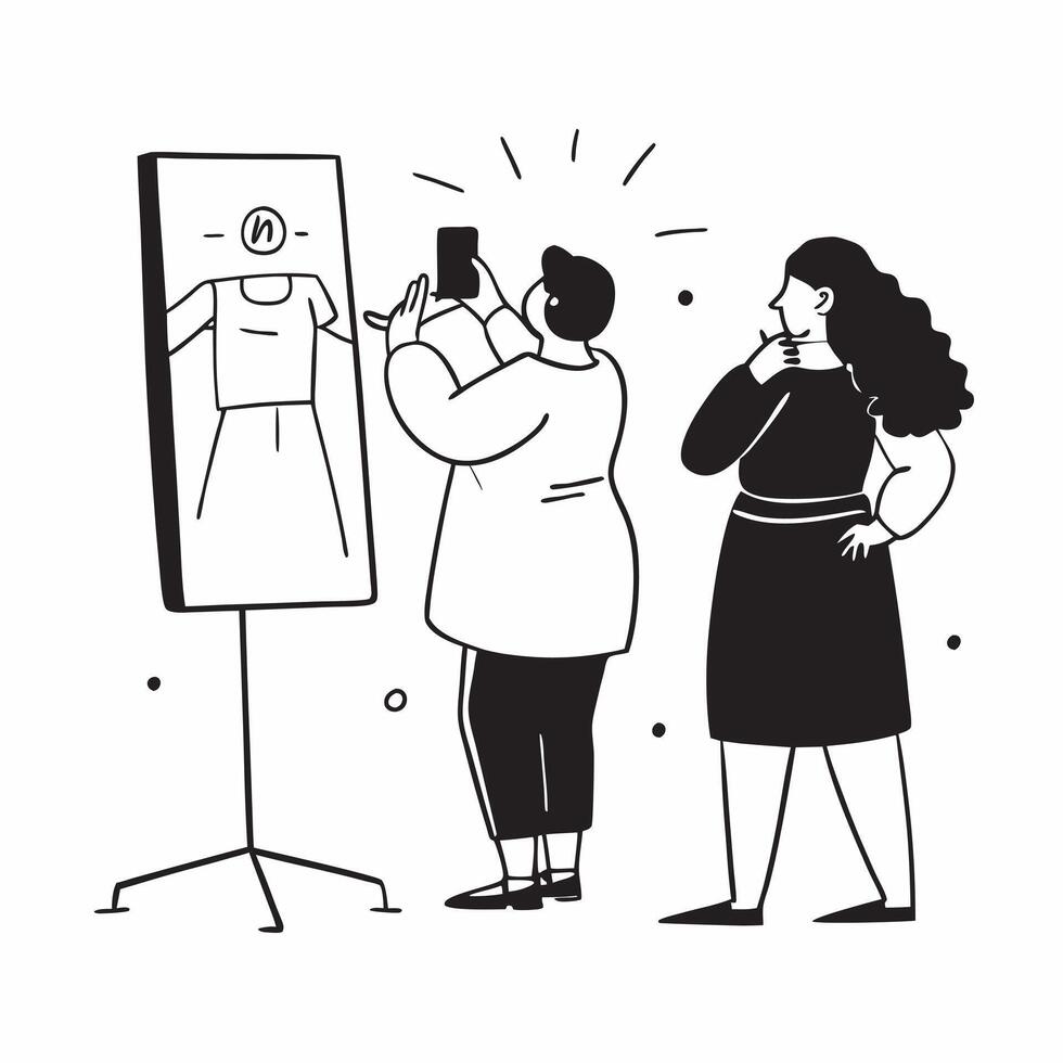 Candid Plus Size Model Trying on Clothes concept as A candid shot of a plus size model trying on clothes in a brightly lit fitting room The scene captures the models excitement an pure vector