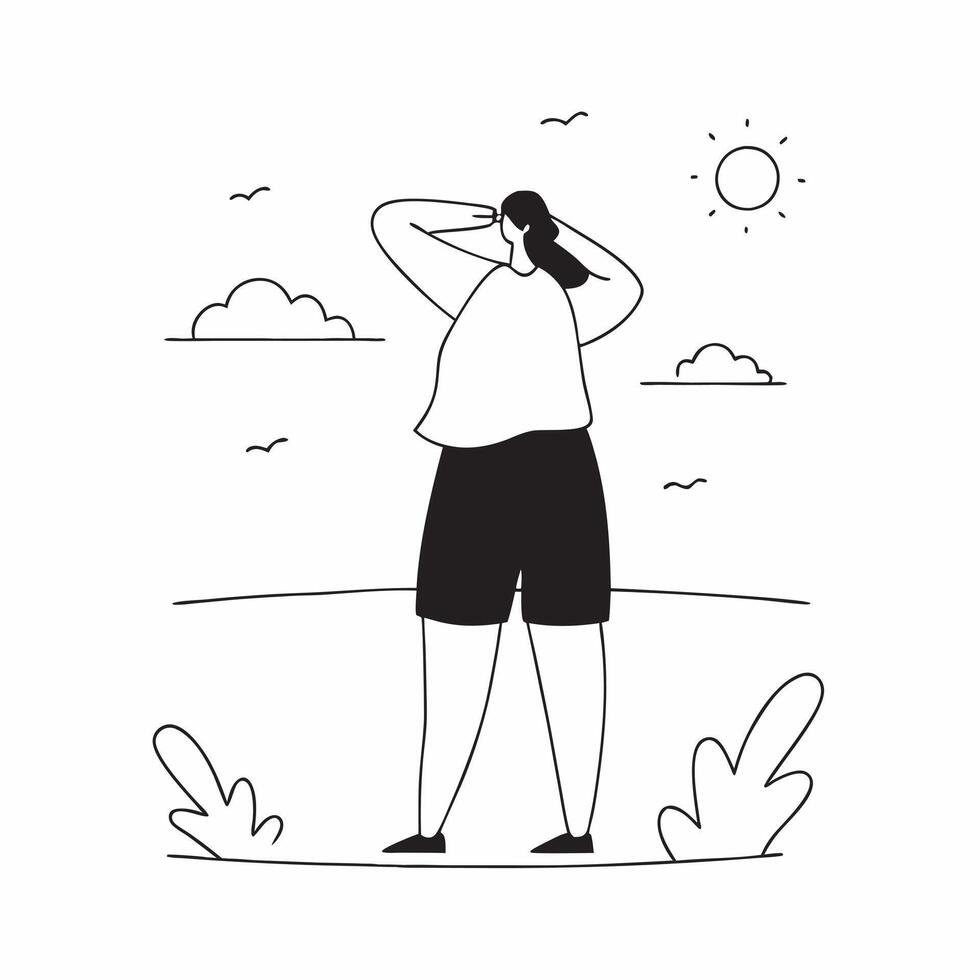 Flat Candid Plus Size Model Enjoying a Sunset concept as A candid photo of a plus size model standing on a beach gazing at a beautiful sunset The scene conveys a sense of peace an pure Set 2 vector