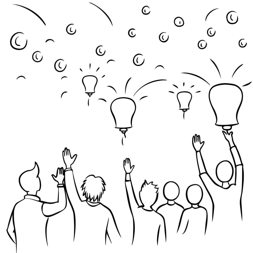 Abstract Mid Autumn Lantern Release concept as An abstract digital art scene of people releasing glowing lanterns into the sky surrounded by vibrant colors and swirling lights symb Cleans vector
