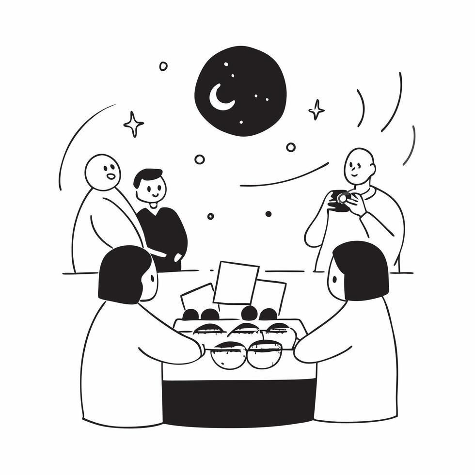 Abstract Mid Autumn Family Gathering concept as A warm glowing abstract scene of a family gathering around a table sharing mooncakes under a digital representation of the full moon Cleans Set 3 vector
