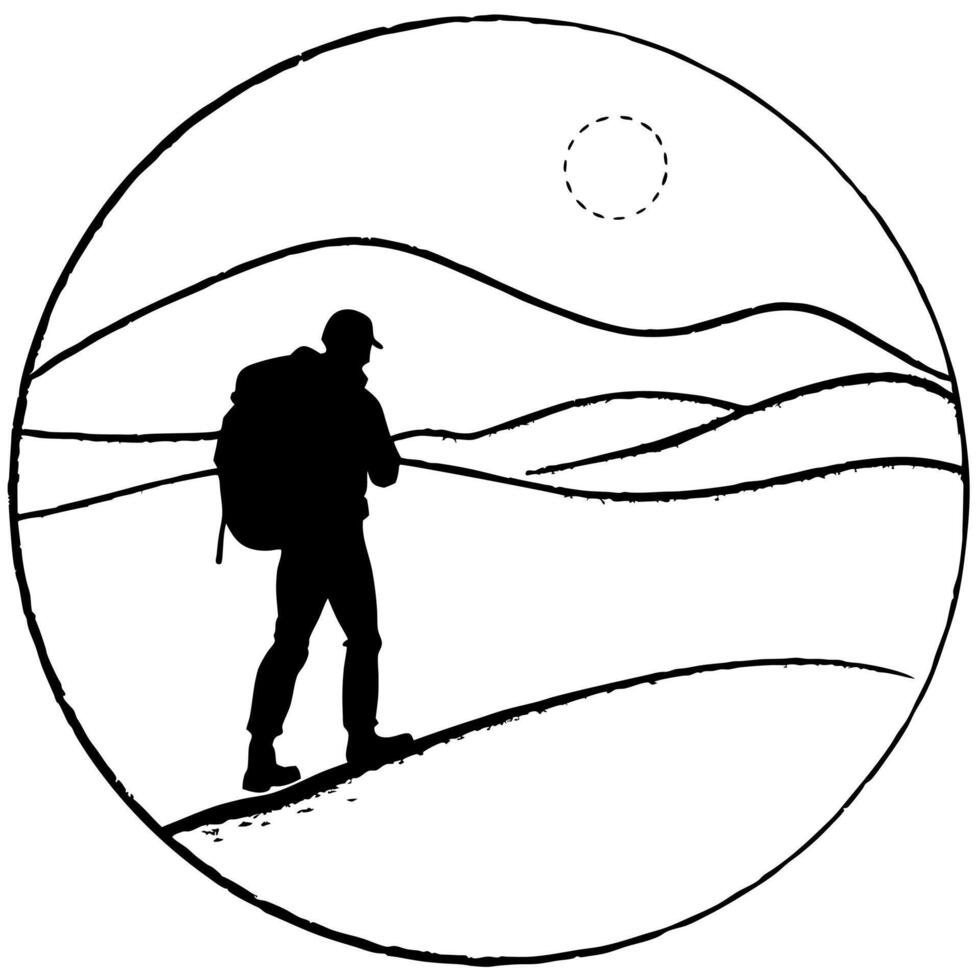 Backpacker on Glossy Desert Dunes at Twilight concept as A backpacker trekking across glossy desert dunes at twilight with the soft light of the setting sun reflecting on the sand Cleans vector