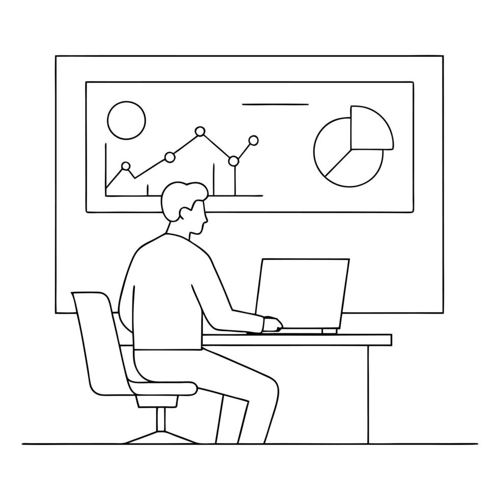 Business analyst working on a glossy dashboard concept as A business analyst is seated at a modern desk interacting with a large glossy dashboard projected on a screen The scene i Cleans vector