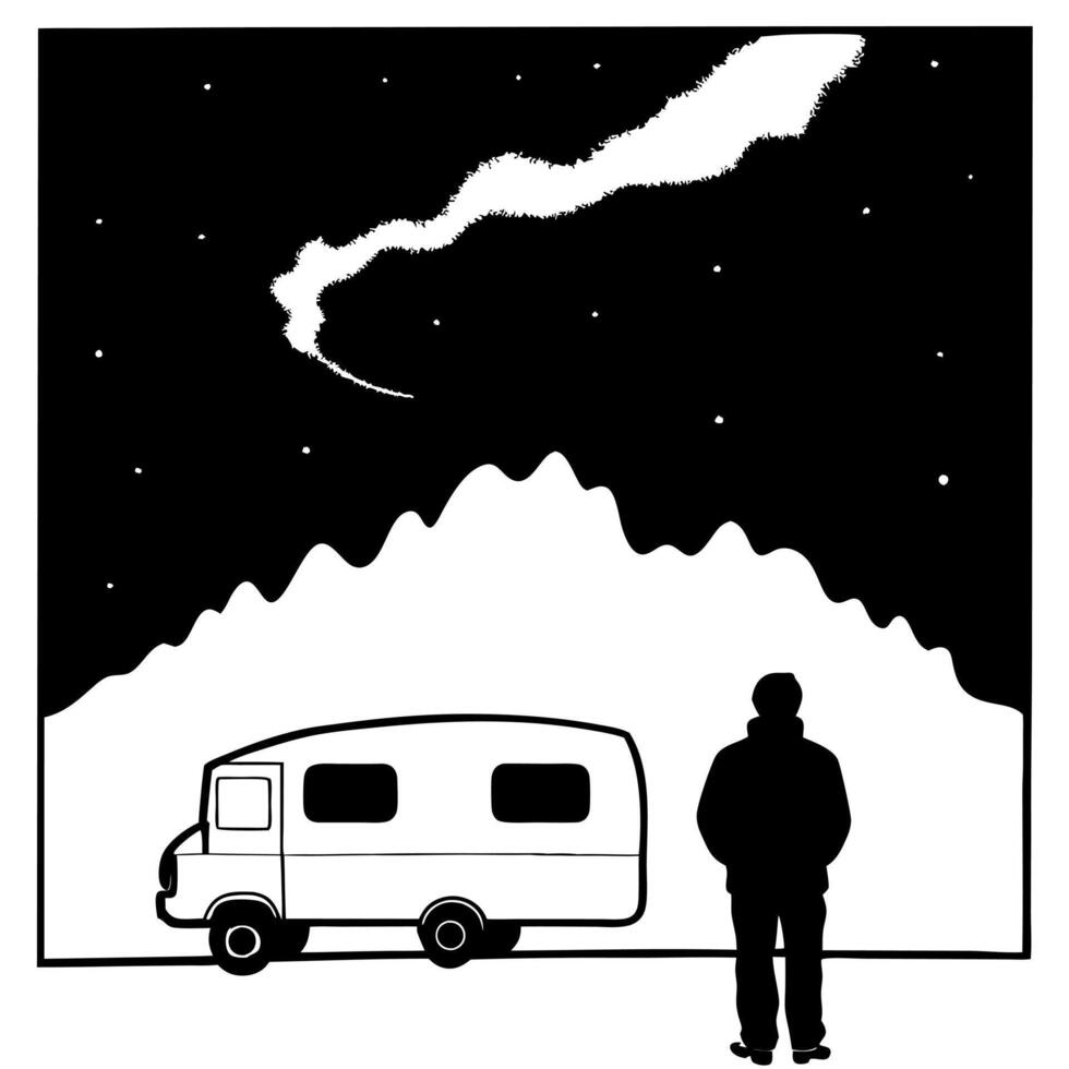 Camper Watching Glossy Aurora Borealis concept as A camper standing in awe as they watch the glossy Aurora Borealis illuminate the night sky The scene is magical and surreal perfe Cleans vector