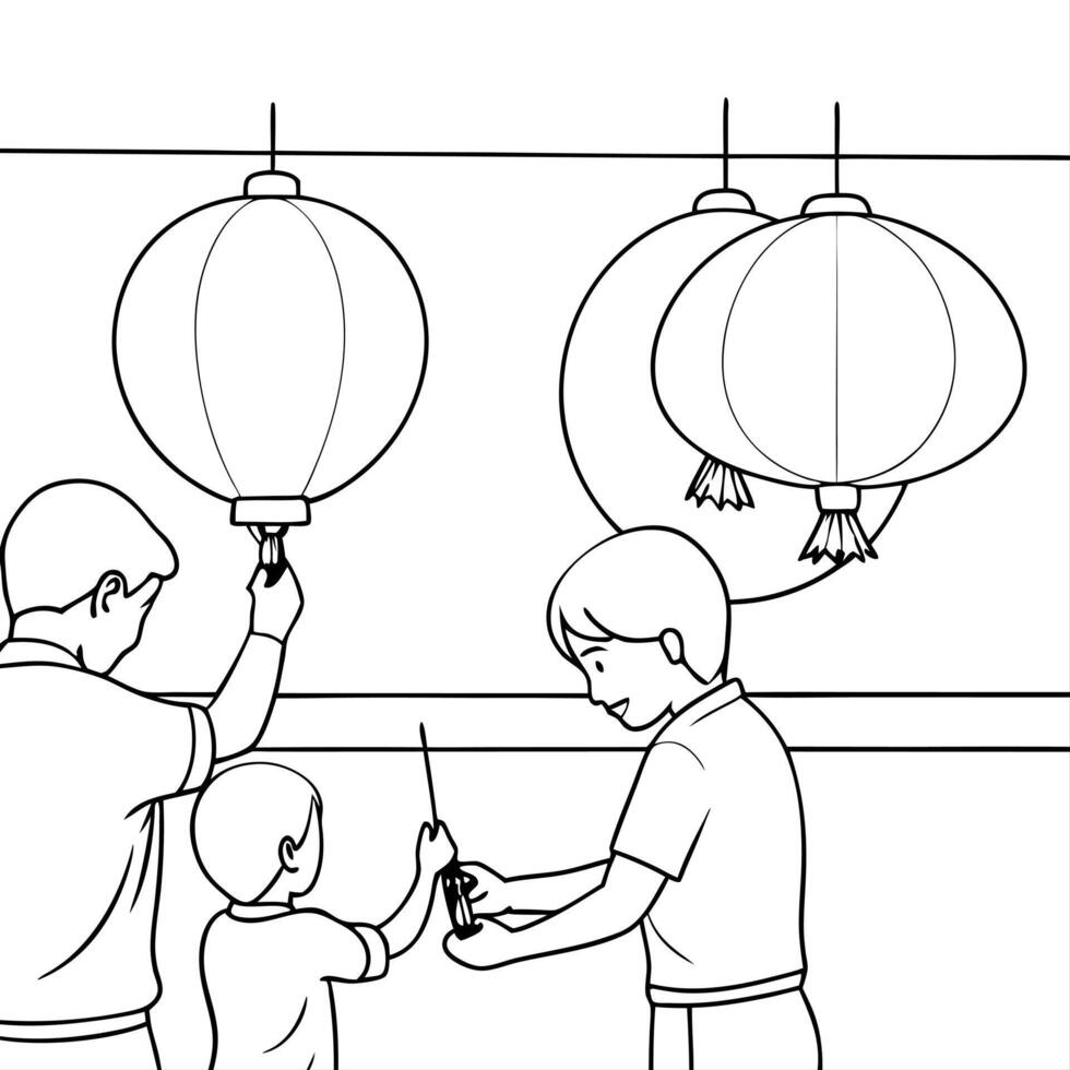 Candid Moment of Family Decorating for Mid Autumn Festival concept as A candid shot of a family decorating their home for the Mid Autumn Festival with lanterns and festive ornament Cleans Set 2 vector