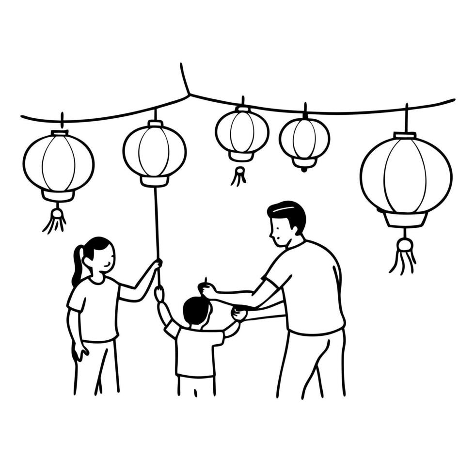 Candid Moment of Family Decorating for Mid Autumn Festival concept as A candid shot of a family decorating their home for the Mid Autumn Festival with lanterns and festive ornament Cleans vector