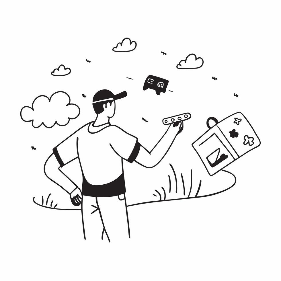 Candid shot of a drone operator flying a drone in an outdoor setting concept as A candid photo of a drone operator flying a drone in an open field focusing on the remote control T Cleans vector