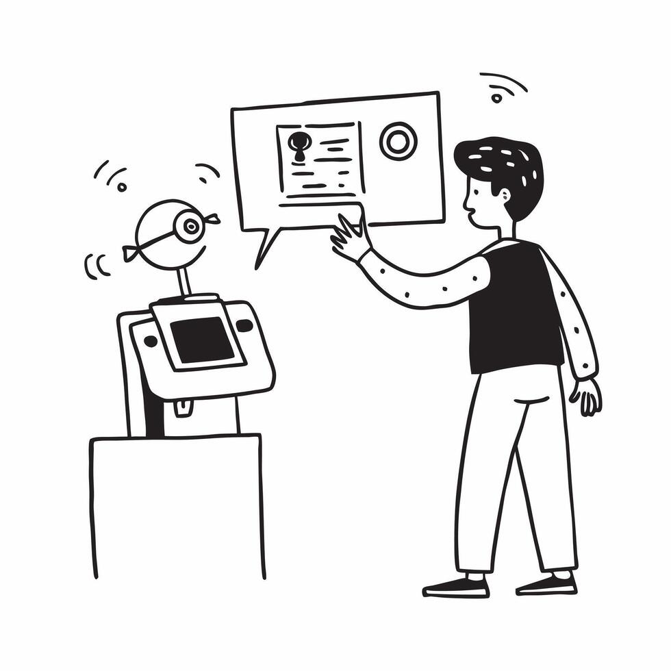 Candid shot of a robotics engineer programming a humanoid robot concept as A candid photo of a robotics engineer programming a humanoid robot in a high tech lab The image captures Cleans vector