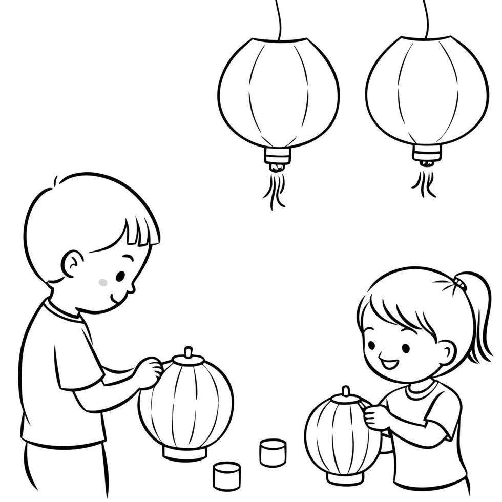 Children Making Lanterns at a Mid Autumn Festival Workshop concept as A candid shot of children making lanterns at a workshop during the Mid Autumn Festival with focused expression Cleans Set 2 vector