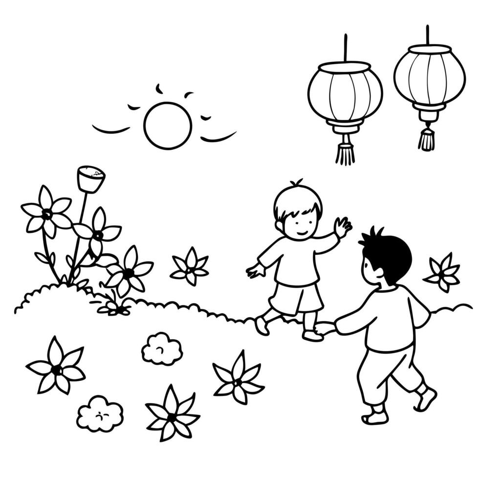Children Playing in the Garden During Mid Autumn Festival concept as A candid capture of children playing in a garden during the Mid Autumn Festival surrounded by lanterns and flow Cleans vector