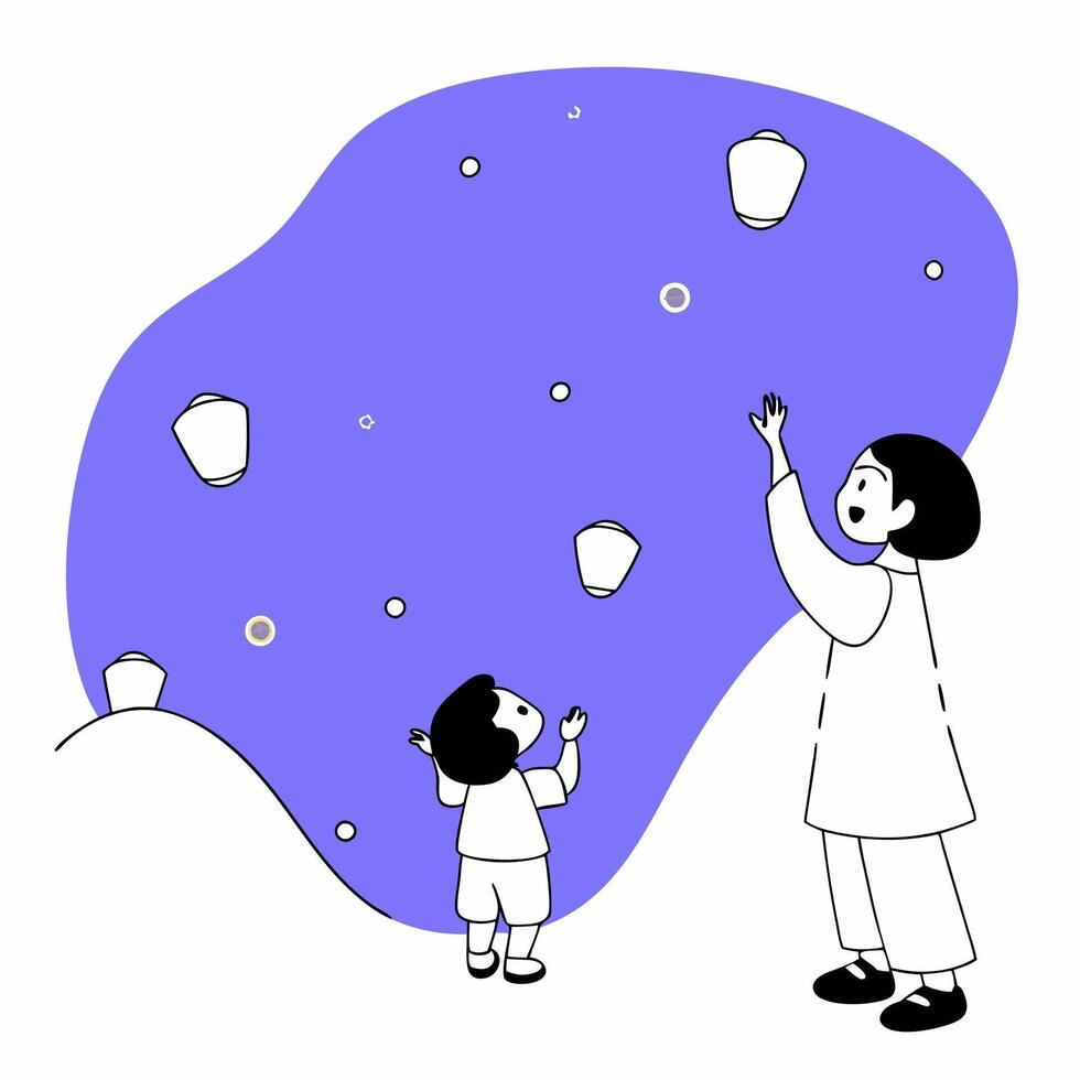 Children Watching Lanterns in the Sky concept as A candid capture of children watching glowing lanterns float into the night sky during the Mid Autumn Festival with wide eyed wonde Cleans vector