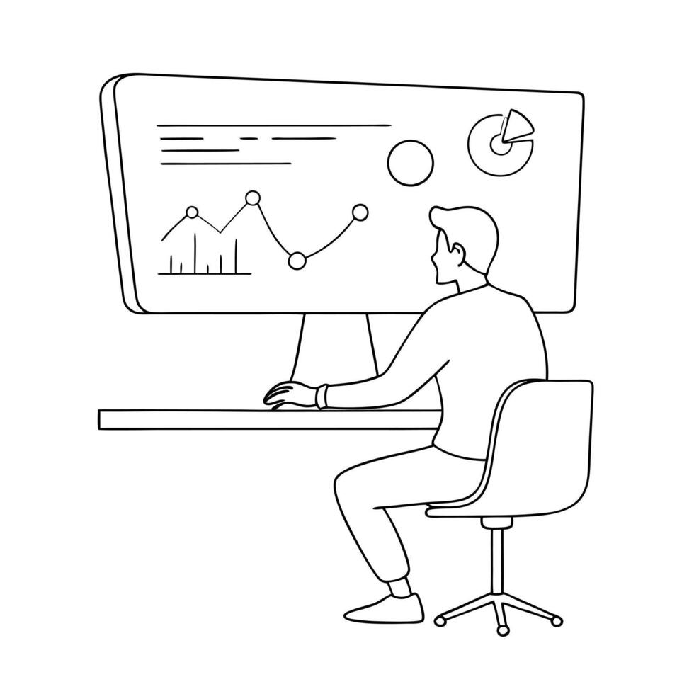 Data visualization specialist creating glossy infographics concept as A data visualization specialist is seated at a desk creating glossy infographics on a large monitor The backg Cleans vector