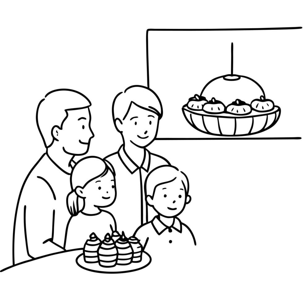 Family Admiring Mooncake Display at Mid Autumn Festival concept as A candid shot of a family admiring a beautifully arranged mooncake display during the Mid Autumn Festival with sm Cleans vector