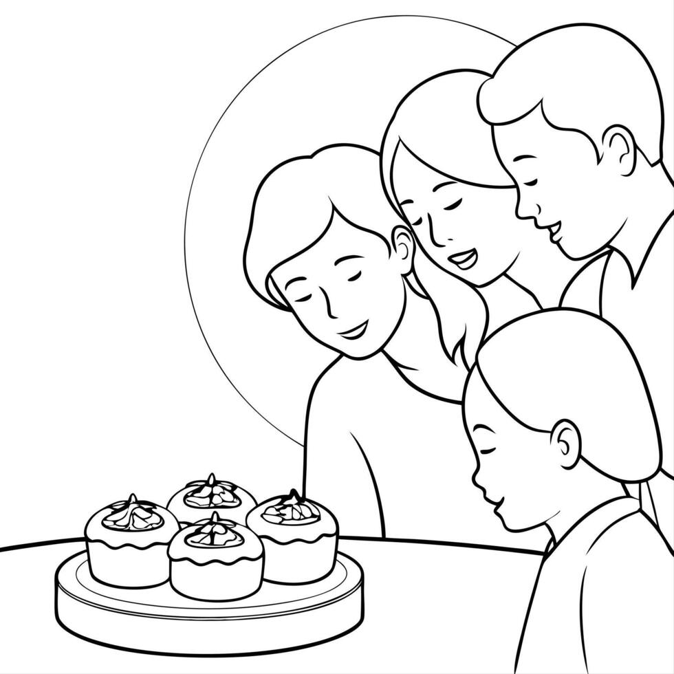 Family Admiring Mooncake Display at Mid Autumn Festival concept as A candid shot of a family admiring a beautifully arranged mooncake display during the Mid Autumn Festival with sm Cleans Set 2 vector