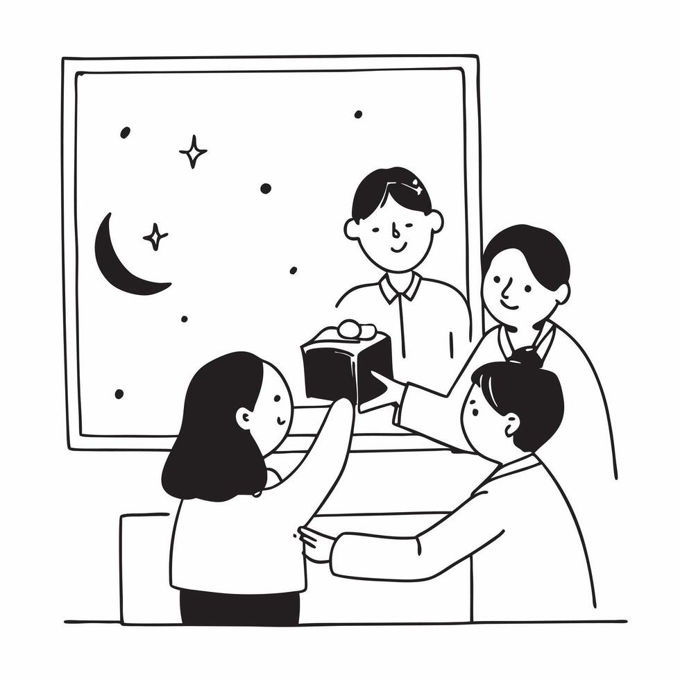 Family Sharing Mooncakes During Mid Autumn Festival concept as A candid shot of a family sharing mooncakes in a warm and cozy setting with natural light streaming through a window Cleans Set 3 vector