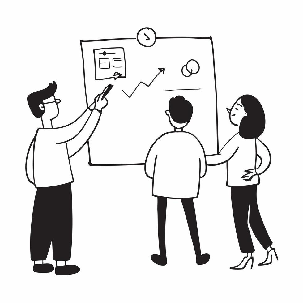 Financial officer reviewing investment strategies with a whiteboard in a small meeting concept as A candid shot of a financial officer standing in front of a whiteboard reviewing i Cleans vector