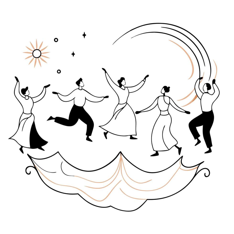 Flat Abstract Festive Dance in Glowing Lights concept as A digital abstract art piece showing dancers in glowing attire performing a traditional Mid Autumn Festival dance surrounde Cleans vector