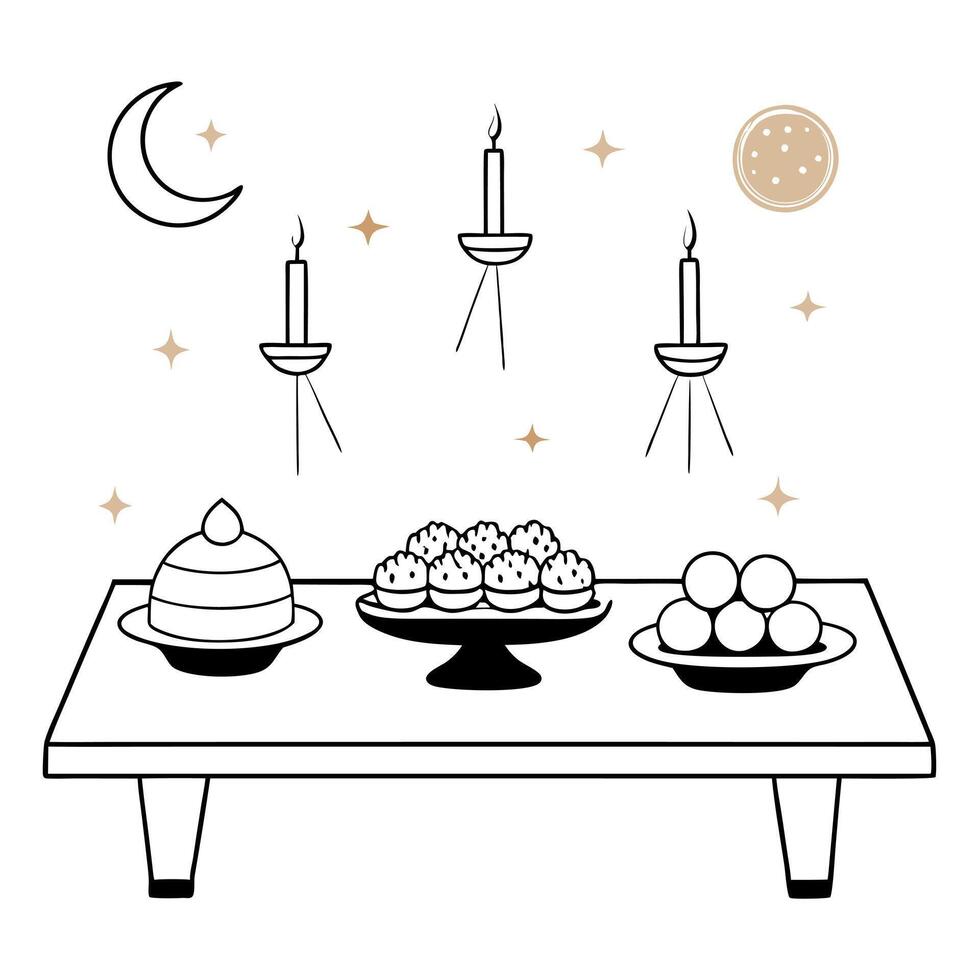 Flat Abstract Mid Autumn Festival Feast concept as A digital art scene of a glowing abstract feast with symbolic Mid Autumn foods like mooncakes and fruits set on a luminous table Cleans vector