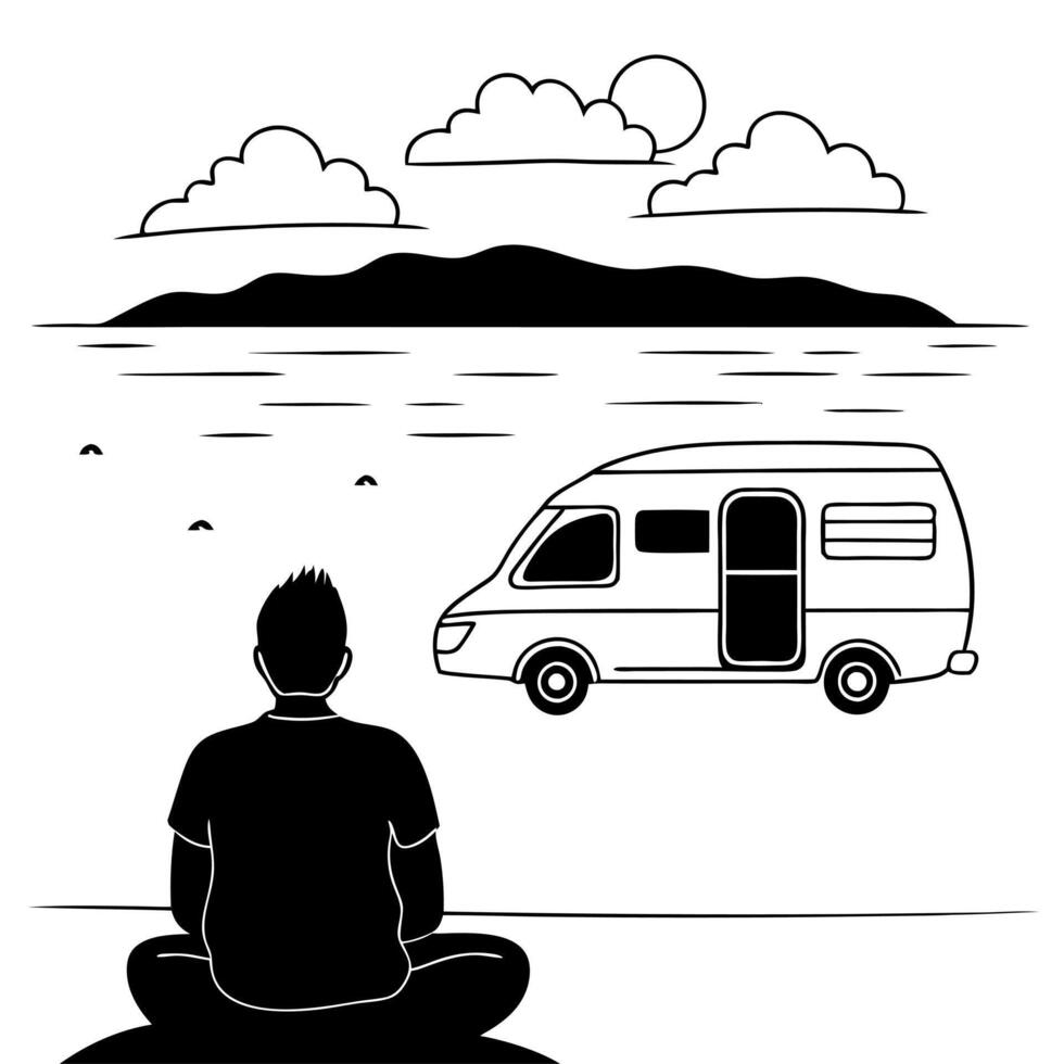 Flat Camper Sitting by Glossy Riverbank at Dawn concept as A camper sitting by a glossy riverbank watching the dawn break over the water with light reflecting off the surface The Cleans vector