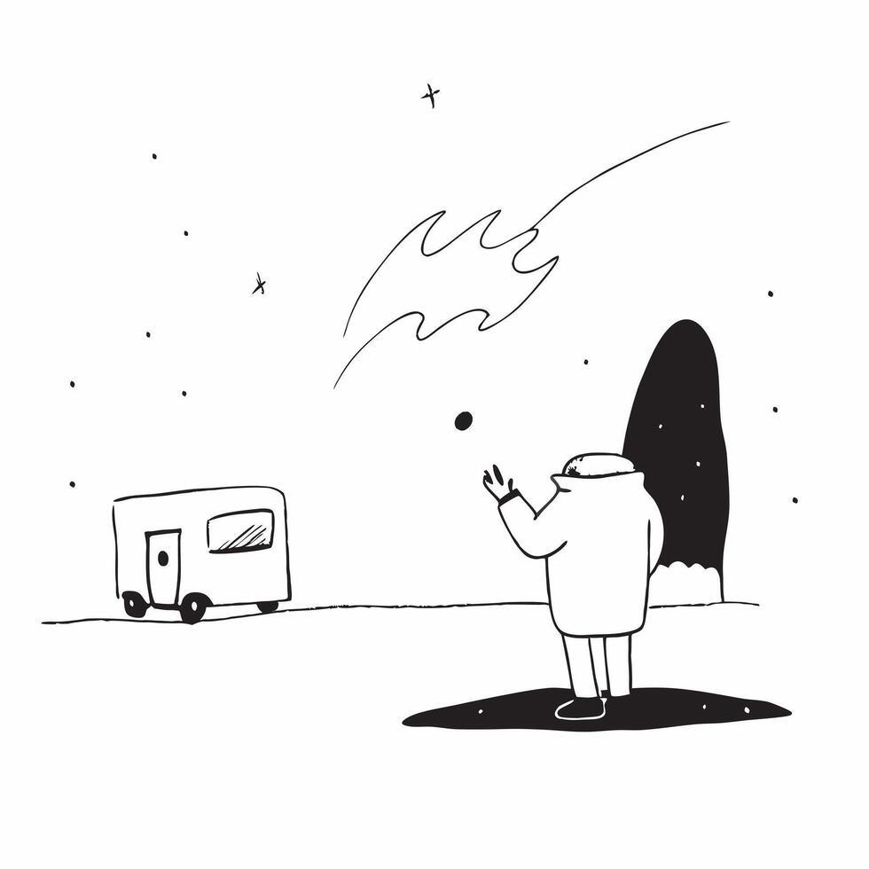 Flat Camper Watching Glossy Aurora Borealis concept as A camper standing in awe as they watch the glossy Aurora Borealis illuminate the night sky The scene is magical and surreal Cleans Set 3 vector