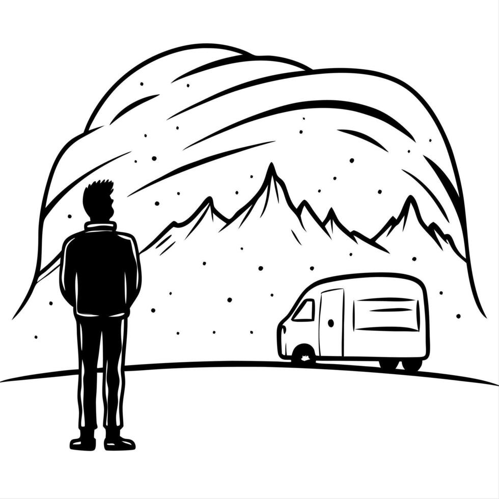 Flat Camper Watching Glossy Aurora Borealis concept as A camper standing in awe as they watch the glossy Aurora Borealis illuminate the night sky The scene is magical and surreal Cleans Set 2 vector