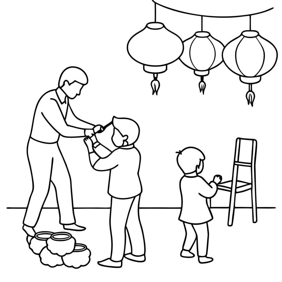 Flat Candid Moment of Family Decorating for Mid Autumn Festival concept as A candid shot of a family decorating their home for the Mid Autumn Festival with lanterns and festive orn Cleans Set 2 vector