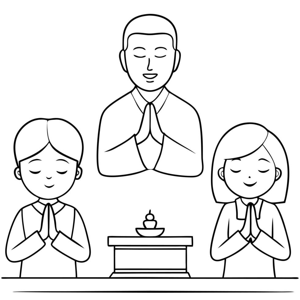 Flat Candid Moment of Family Praying at Mid Autumn Festival concept as A candid shot of a family praying together at an altar during the Mid Autumn Festival with closed eyes and pe Cleans Set 2 vector