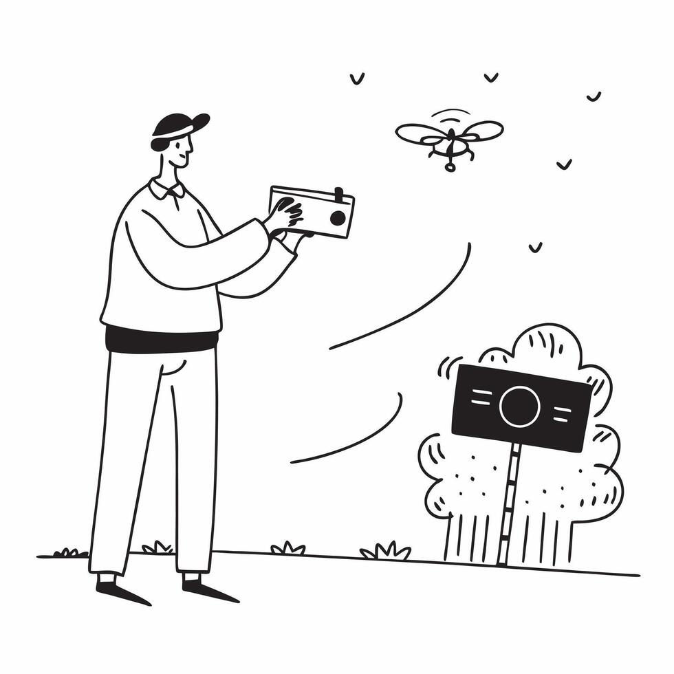 Flat Candid shot of a drone operator flying a drone in an outdoor setting concept as A candid photo of a drone operator flying a drone in an open field focusing on the remote contr Cleans vector