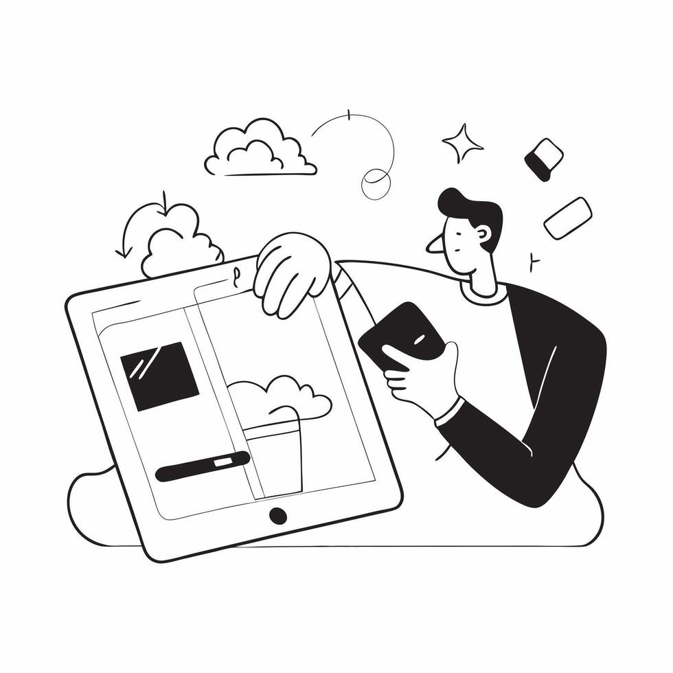 Flat Candid shot of an entrepreneur developing a startup on a digital tablet concept as A candid image of an entrepreneur deeply engaged in developing a startup plan on a digital t Cleans vector