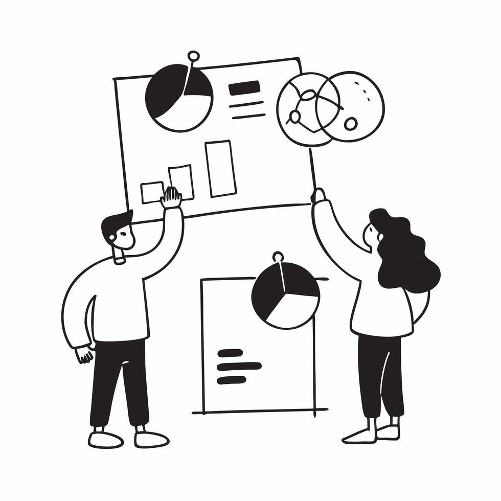 Flat Candid shot of a finance team analyzing quarterly reports concept as A candid shot of a finance team analyzing quarterly reports with the camera focusing on the detailed discu Cleans vector